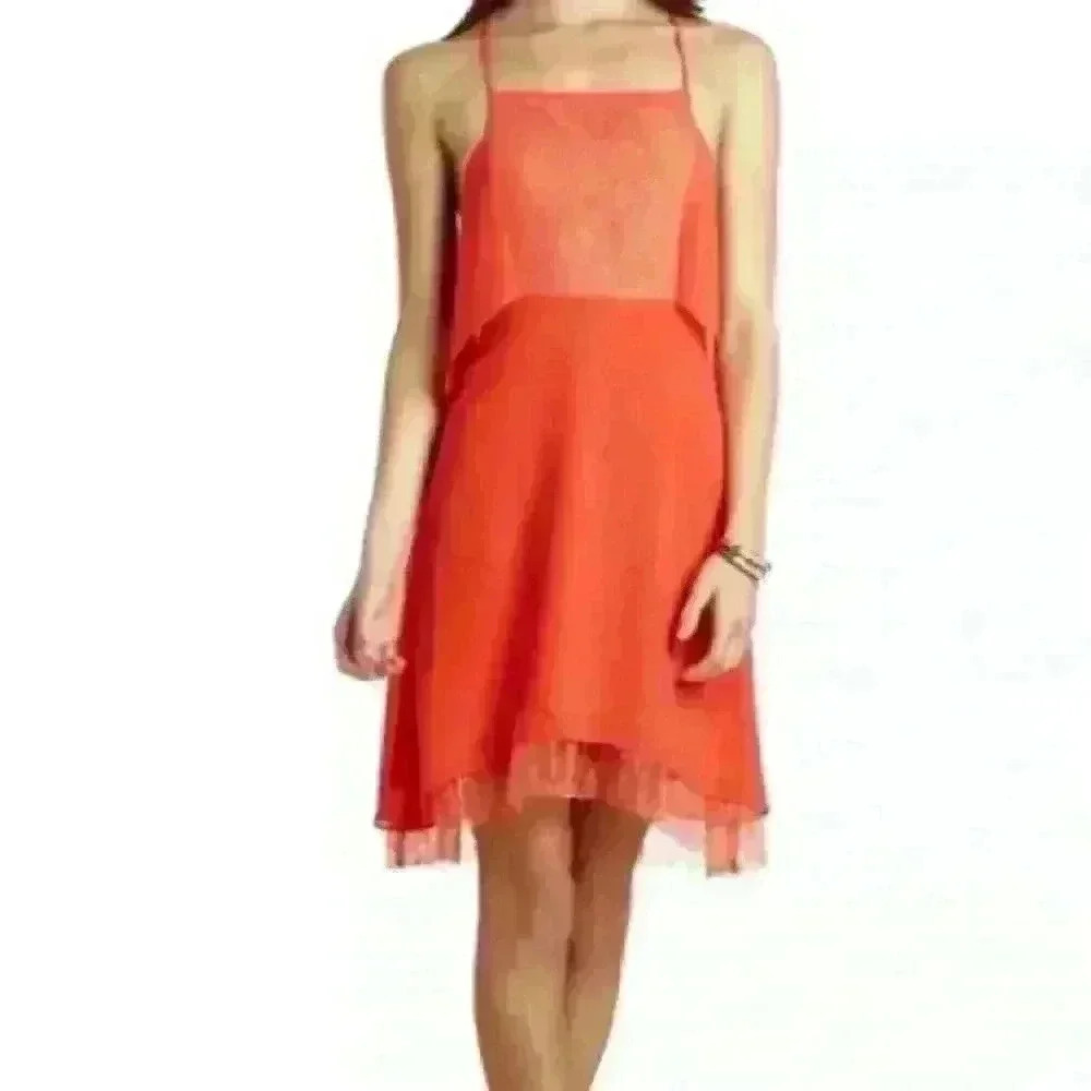BCBGeneration Orange Ruffle Layered Square Neck Empire Waist Cocktail Dress